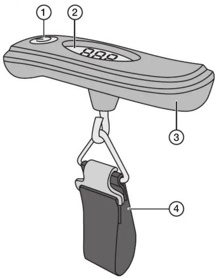 Diagram of a digital balance scale with labeled parts including handle, clasp, and weight