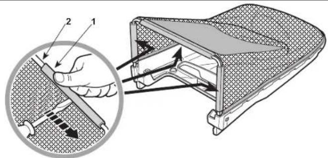 Technical diagram showing a mechanical assembly with labeled parts and an inset magnified view of the component being inserted.