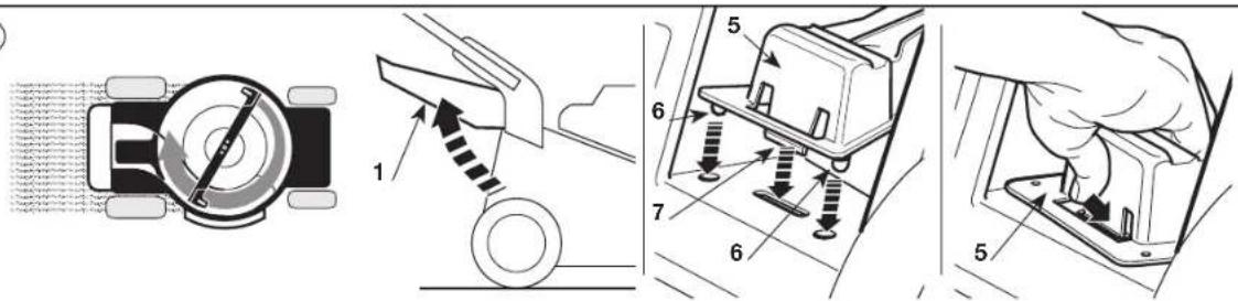 Technical diagram illustrating mechanical assembly steps with labeled components and directional arrows