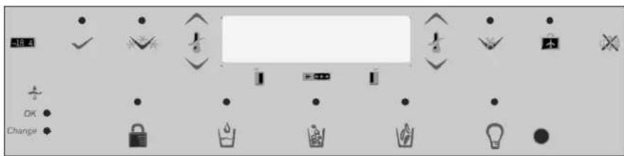 Control panel interface with icons for display, function buttons, and adjustment controls