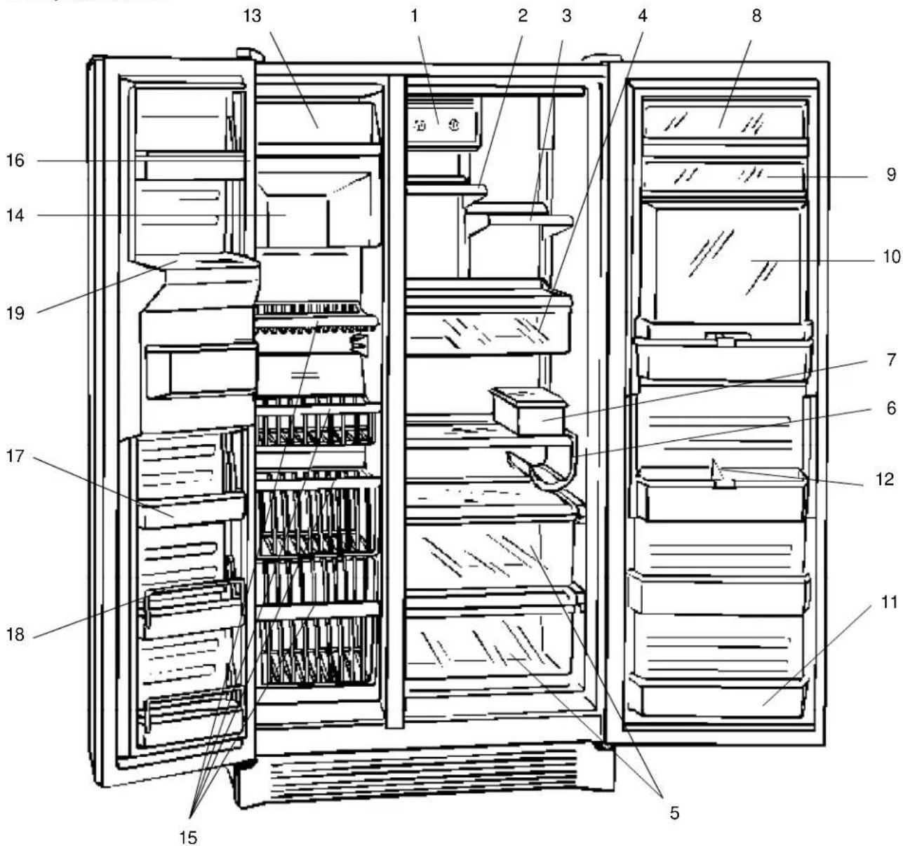 Technical diagram of a refrigerator with numbered components for identification