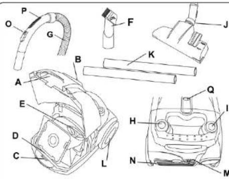 Technical diagram of automotive component parts with labeled parts A through Q