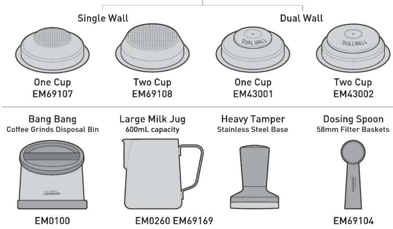 Single Wall Dual Wall One Cup EM69107 Two Cup EM69108 Dual Wall One Cup EM43001 Two Cup EM43002 Bang Bang Coffee Grinds Disposal Bin Large Milk Jug 600mL capacity Heavy Tamper Stainless Steel Base Dosing Spoon 58mm Filter Baskets Sunbeam EM0100 EM0260 EM69169 EM69104
