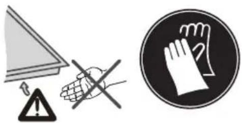 Warning symbols including a triangular warning sign, a hand crossed with a cross, and a circular warning sign with a hand.