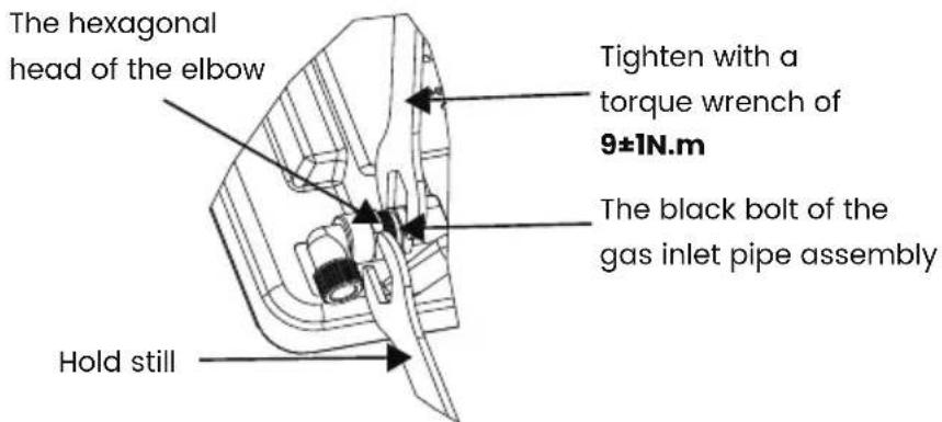 The hexagonal head of the elbow Tighten with a torque wrench of 9±IN.m The black bolt of the gas inlet pipe assembly Hold still
