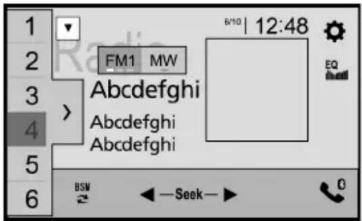 1 2 3 4 5 6 FM1 MW Abcdefghi Abcdefghi Abcdefghi BSM ←—Seek→ 6/10 | 12:48 EQ