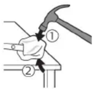 Diagram showing a hand using a hammer to press or install a piece, labeled with parts ① and ②.