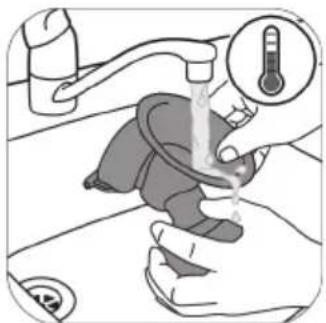Illustration showing a hand washing a baby with a thermometer icon indicating temperature measurement.