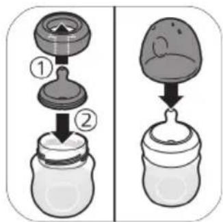 Diagram showing two stages of a baby bottle cleaning process, labeled with steps ① and ②.