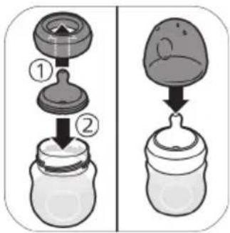 Diagram showing two stages of a baby bottle with labeled parts, likely illustrating a procedure or manufacturing step.