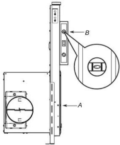 Technical diagram of a door lock mechanism with labeled components A and B, showing internal components and mounting points.