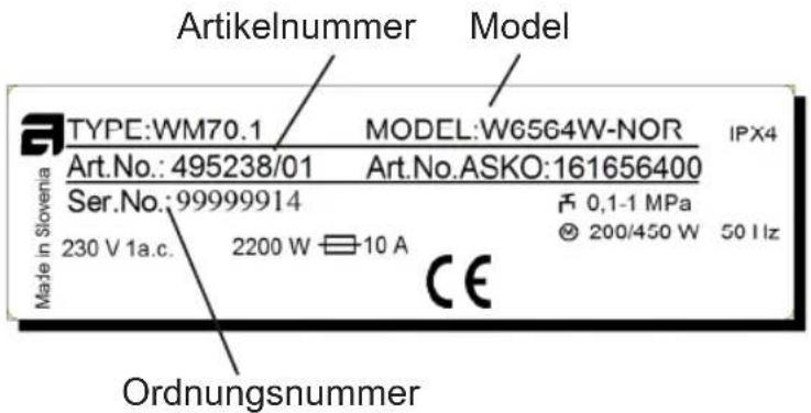 Artikelnummer Model TYPE:WM70.1 MODEL:W6564W-NOR IPX4 Art.No.: 495238/01 Art.No.ASKO:161656400 Ser.No.:99999914 0,1-1 MPa 230 V 1a.c. 2200 W 10 A 200/450 W 50 Hz Ordnungsnummer