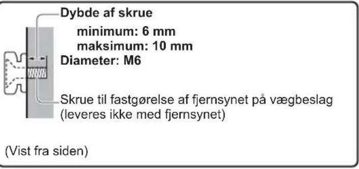 Dybde af skrue minimum: 6 mm maksimum: 10 mm Diameter: M6 Skrue til fastgørelse af fjernsynet på vægbeslag (leveres ikke med fjernsynet) (Vist fra siden)