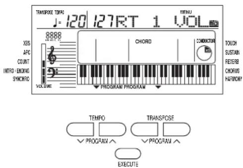 TRANSPOSE TEMPO J=120 127RT 1 VOL 8888 XBS APC COUNT INTRO-ENCOME SYNCHNO VOLUME CHORD CONDUCTOR TOUCH SUSTAIN REDERB CHORUS HAFINOMY PROGRAM PROGRAM TEMPO TRANPOSE ✓ PROGRAM ^ ✓ PROGRAM ^ EXECUTE
