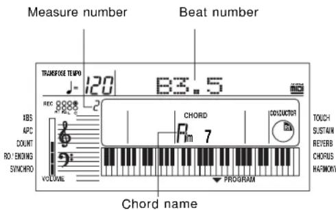 Measure number Beat number TRANSPOSE TEMPO 120 B3.5 REC 888-2 NBS APC COUNT ROY ENDING SYNCHRO VOLUME CHORD Rm 7 COVOLATOR TOUCH SUSTAIN REVERB CHORUS HARMONY PROGRAM Chord name