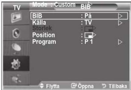 TV Mode : Custom BIB BIB : På Källa : TV Storlek : Position : Program : P 1 Flytta Öppna Tillbaka