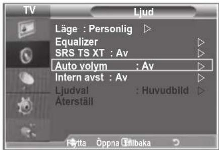 TV Ljud Läge : Personlig ▶ Equalizer SRS TS XT : Av Auto volym : Av Intern avst : Av Ljudval : Huvudbild ▶ Äterställ Futta Öppna Grillbaka