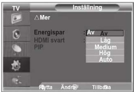 TV Installning △Mer Energispar : Av Av HDMI svart : Låg PIP : Medium Hög Auto Fytta Ändre Tillbåka