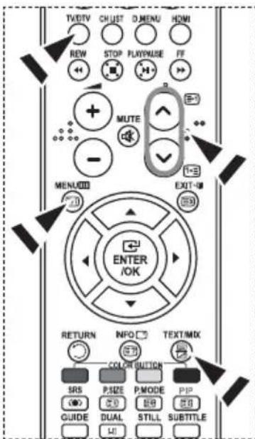 TV/DTV CHUST D-MENU HDMI REW STOP PLAY/WUSE FF MUTE -1-3 MENU/O EXIT-O ENTER /OK RETURN INFO TEXT/MOK COLOR BUTTON SRS P-SIZE P-MODE PIP GUIDE DUAL STILL SUBTITLE