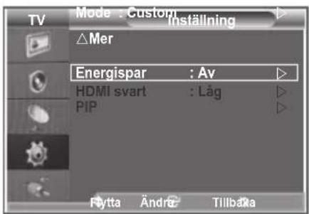 Mode : Custom Inställning △Mer Energispar : Av HDMI svart : Låg PIP Fytta Ändra Tillbåka
