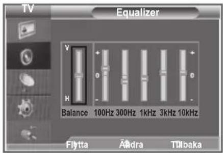 TV Equalizer V + - 0 H Balance 100Hz 300Hz 1kHz 3kHz 10kHz Flytta Ändra Tülbaka