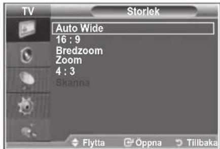 TV Storlek Auto Wide 16 : 9 Bredzoom Zoom 4 : 3 Skanna Flytta Öppna Tillbaka