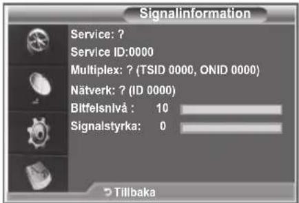 Signalinformation Service: ? Service ID:0000 Multiplex: ? (TSID 0000, ONID 0000) Nätverk: ? (ID 0000) Bittelsnlvå : 10 Signalstyrka: 0 Tillbaka