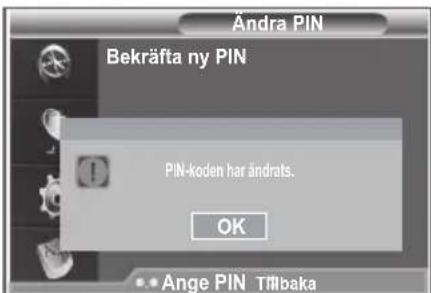 Ändra PIN Bekräfta ny PIN PIN-koden har ändrats. OK Ange PIN Tillbaka