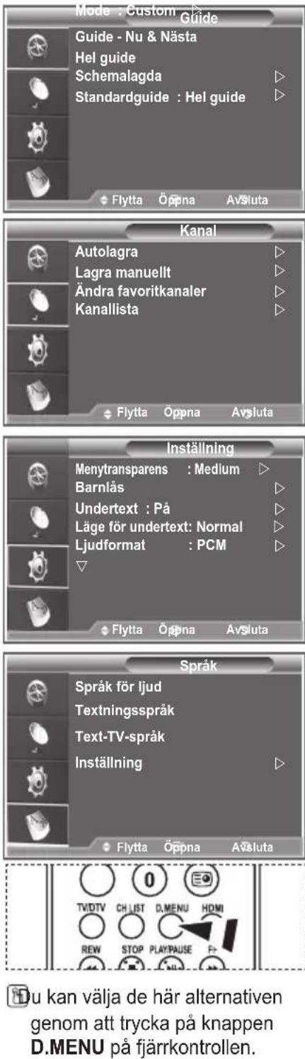 Mode : Custom Guide Guide - Nu & Nästa Hel guide Schemalagda Standardguide : Hel guide Flytta Öppna Avsluta Kanal Autolagra Lagra manuellt Ändra favoritkanaler Kanallista Flytta Öppna Avsluta Inställning Menytransparens : Medium Barnlås Undertext : På Läge för undertext: Normal Ljudformat : PCM Flytta Öppna Avsluta Språk Språk för ljud Textningsspråk Text-TV-språk Inställning Flytta Öppna Avsluta TVDTV CH LIST D.MENU HDMI REW STOP PLAYPAUSE F+ Tu kan välja de här alternativen genom att trycka på knappen D.MENU på fjärrkontrollen.
