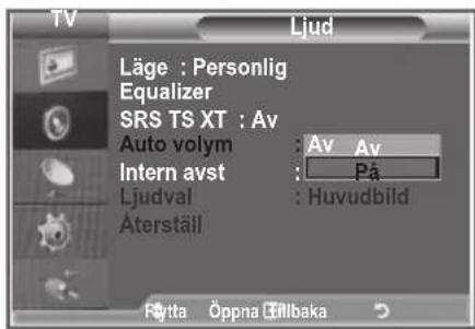 TV Ljud Läge : Personlig Equalizer SRS TS XT : Av Auto volym : Av Av Intern avst : På Ljudval : Huvudbild Äterställ Fytta Öppna tillbaka
