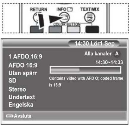 RETURN INFO TEXT/MIX COLOR BUTTON 14:30 Lör1 Sep 1 AFDO,16:9 Alla kanaler A AFDO 16:9 14:30~14:33 Utan spärr SD Stereo Undertext Engelska Contains video with AFD O; coded frame is 16:9 Avsluta