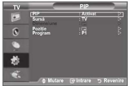 TV PIP PIP : Activat Sursá : TV Dimensiune : Pozitie : Program : P1 Mutare Intrare Revenire