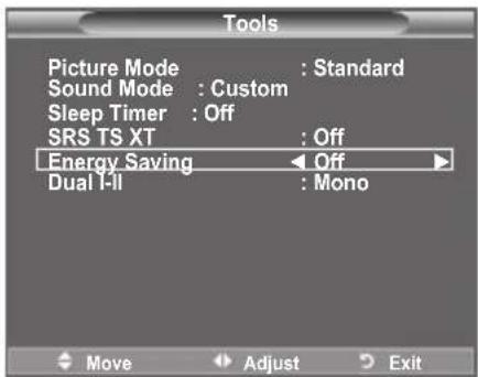 Tools Picture Mode : Standard Sound Mode : Custom Sleep Timer : Off SRS TS XT : Off Energy Saving ← Off Dual I-II : Mono