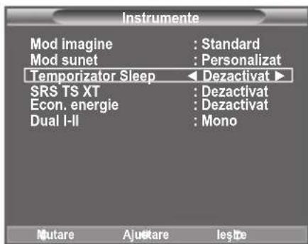 Instrumente Mod imagine : Standard Mod sunet : Personalizat Temporizator Sleep ▶ Dezactivat ▶ SRS TS XT : Dezactivat Econ. energie : Dezactivat Dual I-II : Mono Nutare Ajustare Lesbe