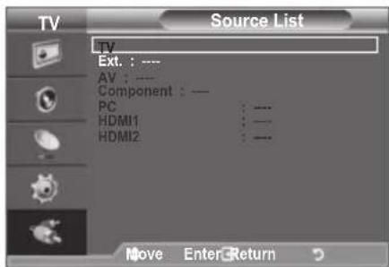 TV Source List TV Ext. : --- AV : --- Component : --- PC : --- HDMI1 : --- HDMI2 : ---