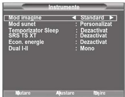 Instrumente Mod imagine Standard Mod sunet : Personalizat Temporizator Sleep : Dezactivat SRS TS XT : Dezactivat Econ. energie : Dezactivat Dual I-II : Mono Mutare Austare Desire