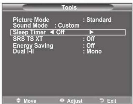 Tools Picture Mode : Standard Sound Mode : Custom Sleep Timer ← Off SRS TS XT : Off Energy Saving : Off Dual I-II : Mono Move Adjust Exit