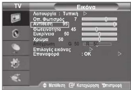 TV Eikóva Λειτουργία : Τυπική Οπ. Φωτισμός 7 Αντίδεση 95 Φωτεινότητα 45 Ευκρίνεια 50 Χρώμα 50 Απόχρωση G 50 -R -50 Επιλογές εικόνας Επαναφορά : OK Μετάθεση Καταχώρηση Έπιστροφή