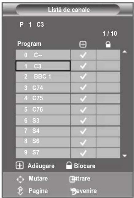 Listă de canale P 1 C3 1 / 10 Program 0 C-- 1 C3 2 BBC 1 3 C74 4 C75 5 C76 6 S3 7 S4 8 S6 9 S7 Adăugare Blocare Mutare Intrare Pagina Revenire