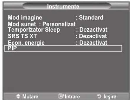Instrumente Mod imagine : Standard Mod sunet : Personalizat Temporizator Sleep : Dezactivat SRS TS XT : Dezactivat Econ. energie : Dezactivat PIP Mutare Intrare Leşire