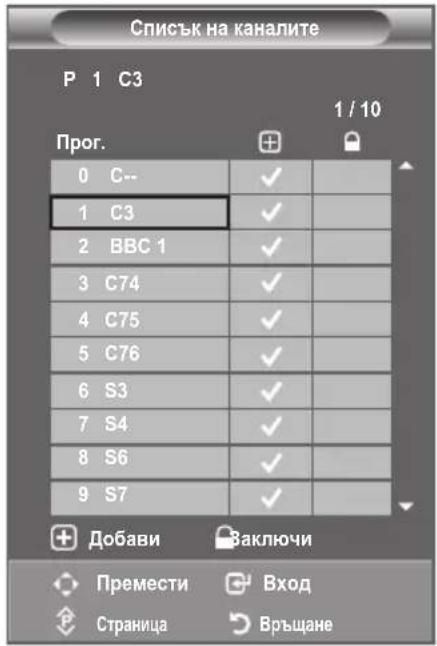 Списък на каналите P 1 C3 1 / 10 Прог. 0 C-- 1 C3 2 BBC 1 3 C74 4 C75 5 C76 6 S3 7 S4 8 S6 9 S7 Добави Ваключи Премести Страница Вход Връщане