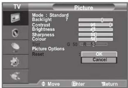 TV Picture Mode : Standard Backlight 7 Contrast 95 Brightness 48 Sharpness 50 Colour 50 Tint G 50 R 50 Picture Options Reset : OK Cancel Move Enter Return