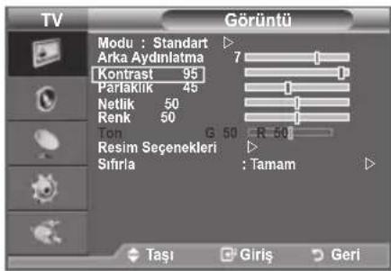 TV Görüntü Modu : Standart Arka Aydinlatma Kontrast 95 Pariaklik 45 Netlik 50 Renk 50 Ton G 50 R 50 Resim Seçenekleri Sifirla : Tamam Taşı Giriş Geri