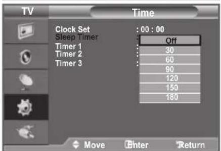 TV Clock Set : 00 : 00 Sleep Timer Timer 1 Timer 2 Timer 3 Off 30 60 90 120 150 180 Move Enter Return