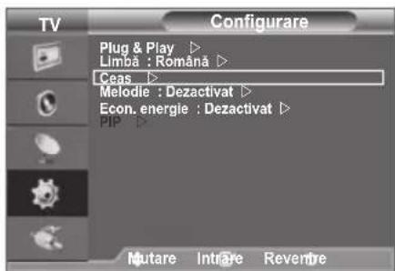 TV Configurare Plug & Play ▶ Limbă : Română ▶ Ceas ▶ Melodie : Dezactivat ▶ Econ. energie : Dezactivat ▶ PIP ▶ Mutare Intrare Reventre