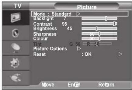 TV Picture Mode : Standard Backlight 7 Contrast 95 Brightness 45 Sharpness 80 Colour 60 Tint G 50 R 50 Picture Options Reset : OK Move Enter Return