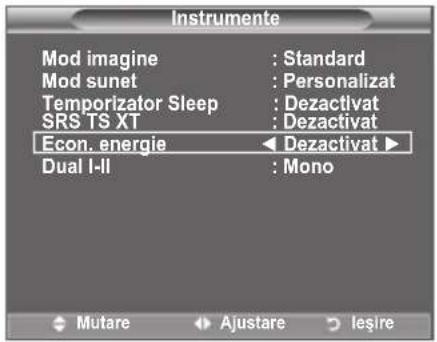 Instrumente Mod imagine : Standard Mod sunet : Personalizat Temporizator Sleep : Dezactivat SRS TS XT : Dezactivat Econ. energie ▶ Dezactivat ▶ Dual I-II : Mono Mutare ▶ Ajustare ▶ leşire