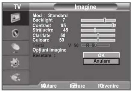 TV Imagine Mod : Standard Backlight 7 Contrast 95 Strălucire 45 Claritate 50 Culoare 50 Tents V 50 R 50 Optiuni Imagine Resetare : OK Anulare Mutare Intrare Revenire