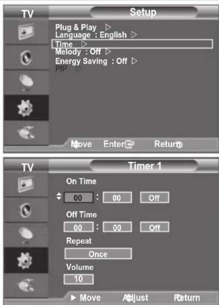 Setup Plug & Play ▷ Language : English ▷ Time ▷ Melody : Off ▷ Energy Saving : Off ▷ PIP ▷ Move Enter Return Timer 1 On Time 00 : 00 Off Off Time 00 : 00 Off Repeat Once Volume 10 ▶ Move Adjust Return