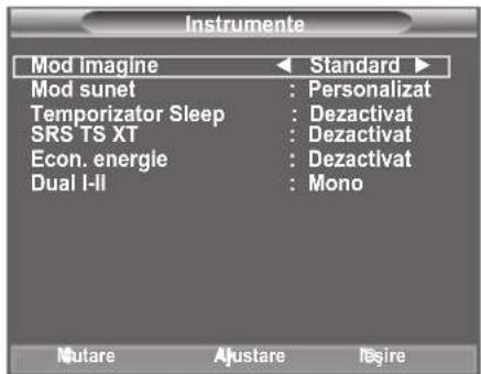 Instrumente Mod Imagine Standard Mod sunet : Personalizat Temporizator Sleep : Dezactivat SRS TS XT : Dezactivat Econ. energie : Dezactivat Dual I-II : Mono Mutare Justare Resire